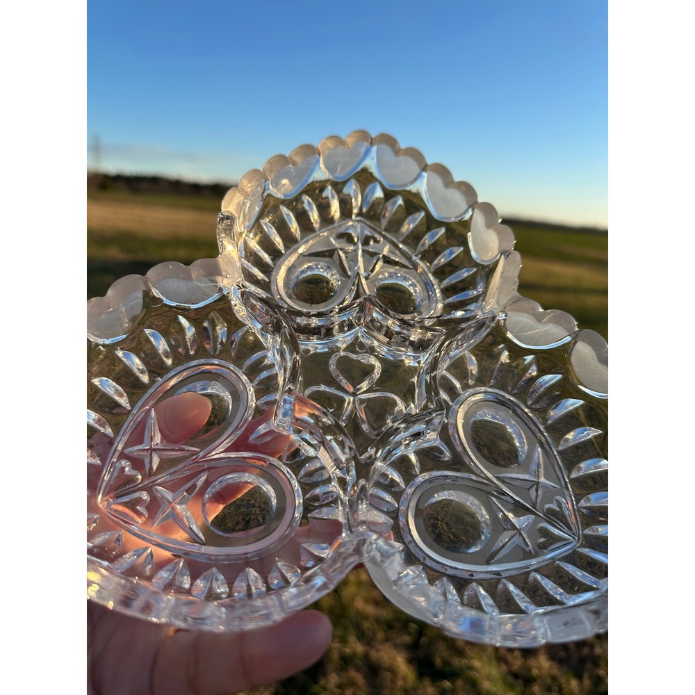 VTG Clear Glass Heart Shaped Candy Dish Serving Tray 3 Compartment Trinket Bowl